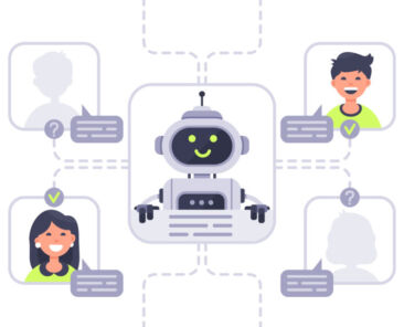 Human communicates with chatbot. Virtual assistant, support and online assistance conversation with chat bot or talking to artificial intelligence. Cyber dialog vector illustration