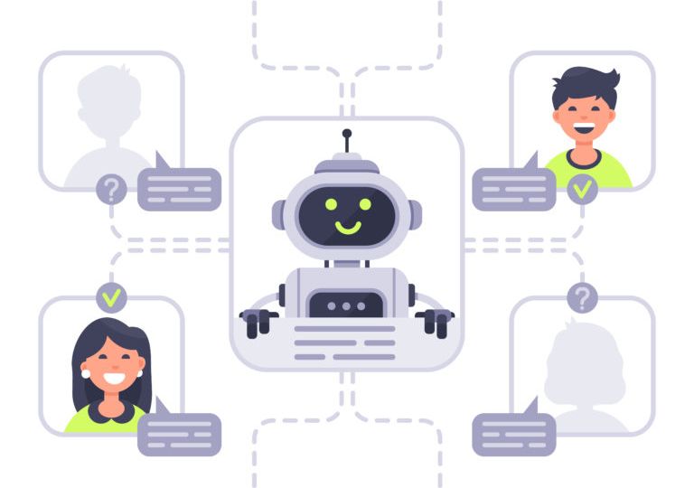 Human communicates with chatbot. Virtual assistant, support and online assistance conversation with chat bot vector illustration