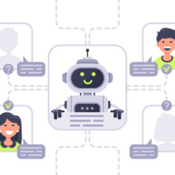 Human communicates with chatbot. Virtual assistant, support and online assistance conversation with chat bot or talking to artificial intelligence. Cyber dialog vector illustration